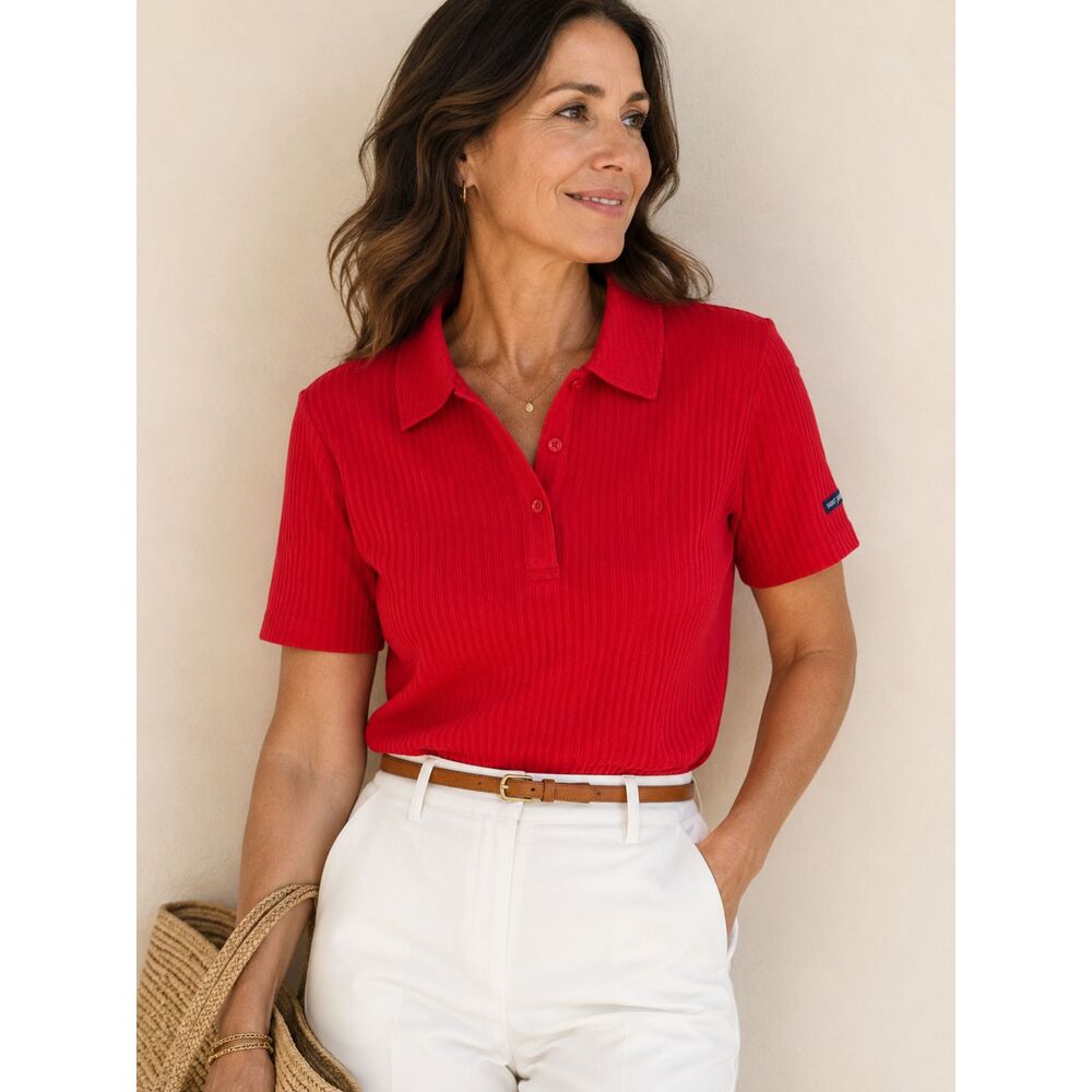 Saint James Red Ribbed Polo Top French Coastal Chic Quiet Luxury Preppy Nautical